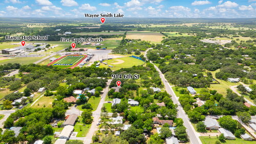 Aerial-style surrounding area view near 914 6th Street in Blanco, Texas